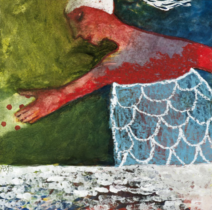 Fischfrau 2013, Mischtechnik auf Papier, 30x30 cm